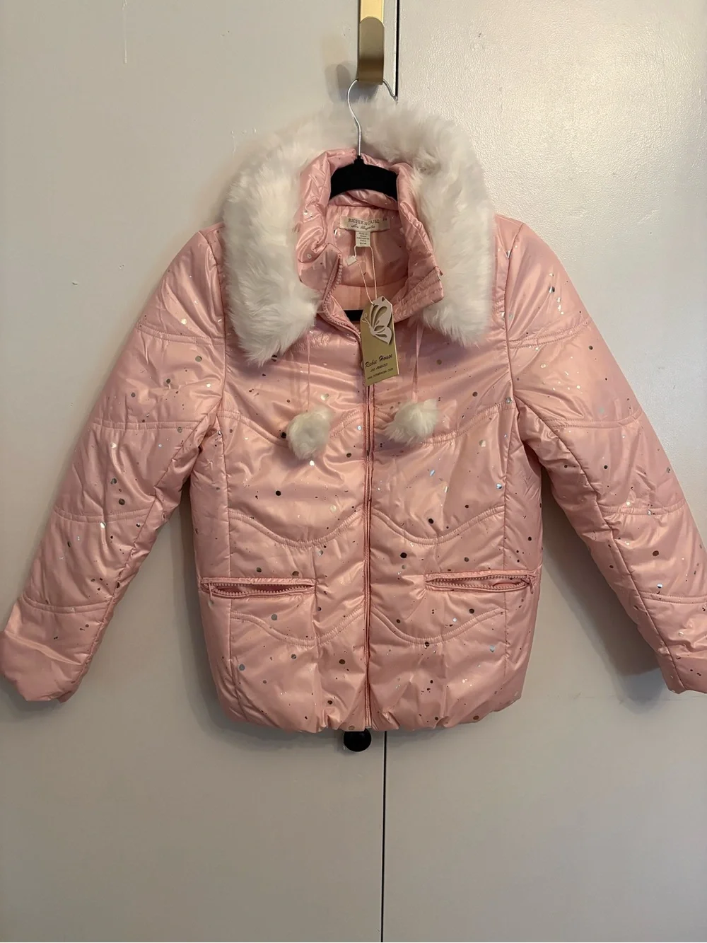 Girls Pink Faux-Fur Trim Sparkle Puffer Jacket